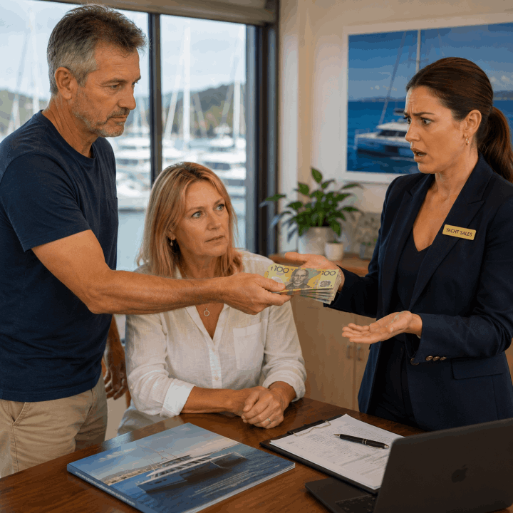 Couple negotiating a catamaran purchase