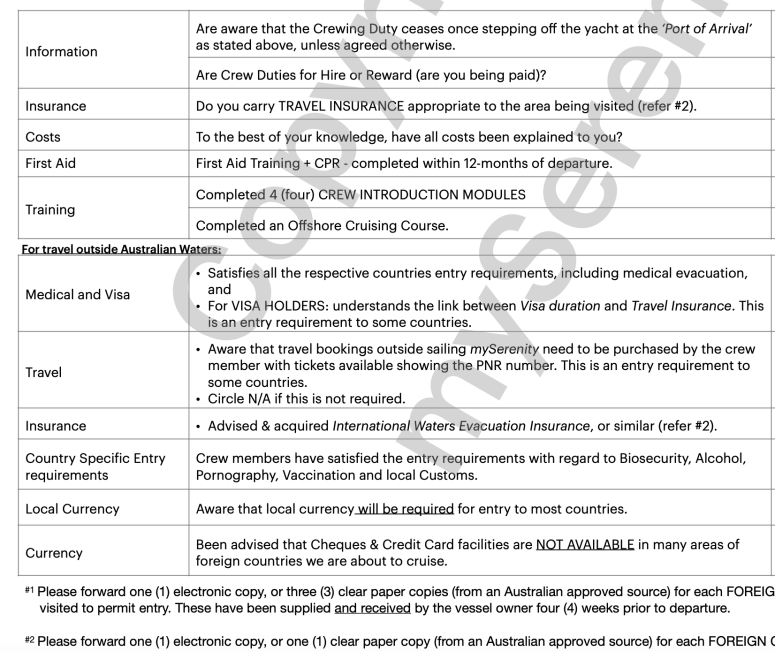 catamaran crew declaration
